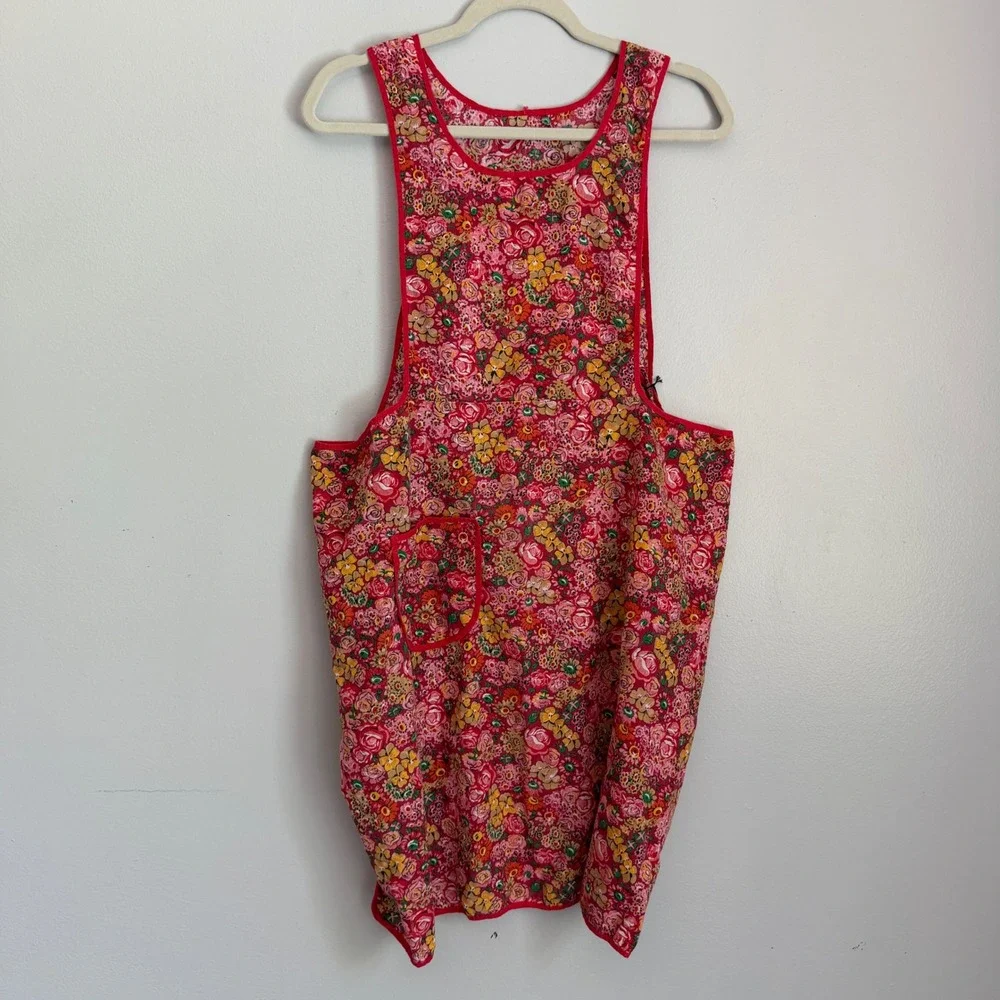 Vintage Floral Pinafore Apron Rose Print Smock Pocket Cottagecore OS